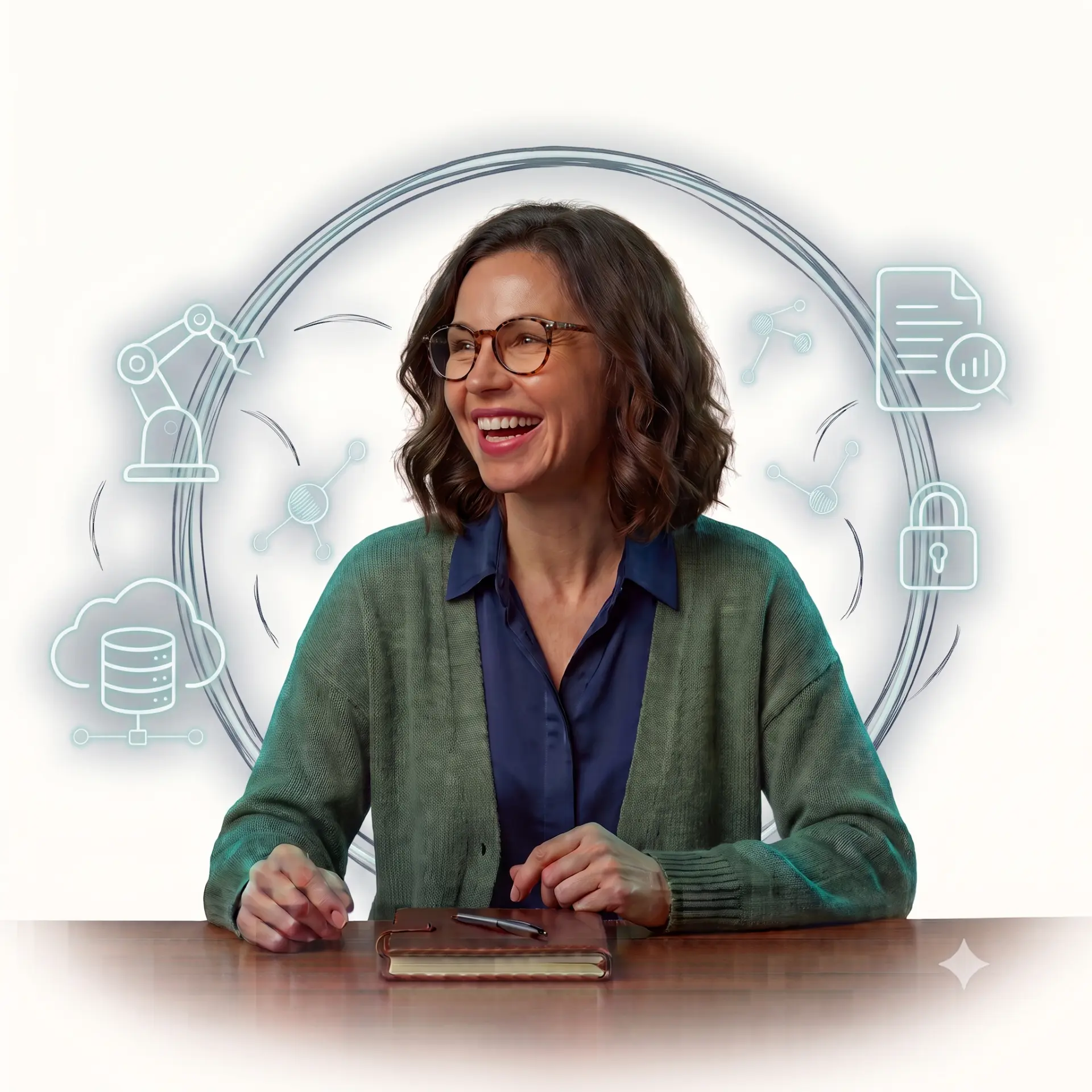 A smiling accounting firm owner at her desk with automation, security, data and workflow icons floating around her