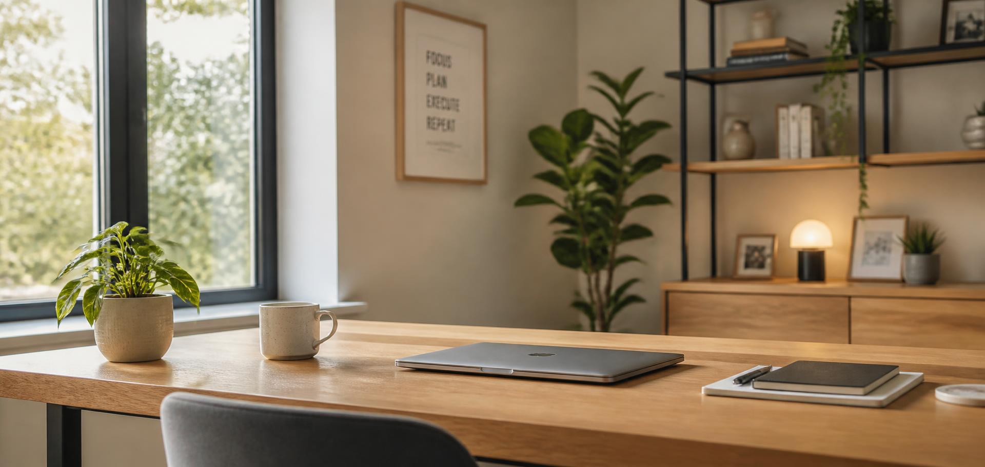 A bright modern home office desk in daylight with the day's work finished